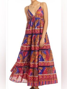 Farm Rio Tiered Maxi Dress in  Navy, Pink & Brown: Size Small